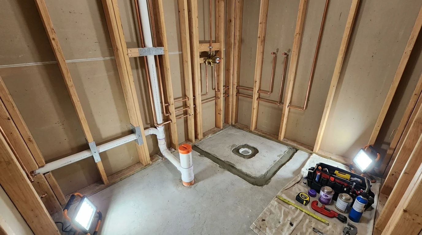 Bathroom rough-in plumbing during remodel by Johns Plumbing LLC in Moundsville
