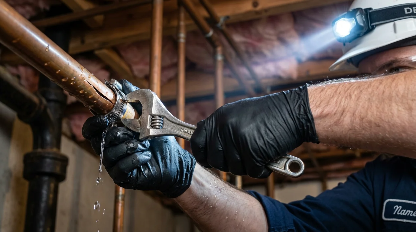 Emergency pipe clamp repair being performed by a Johns Plumbing LLC plumber in Moundsville
