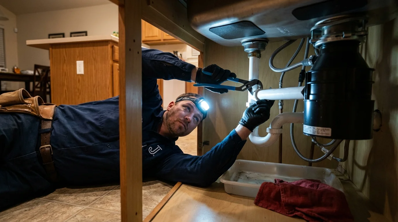 P-trap and supply line connections under a kitchen sink showing a common leak point in Moundsville, WV
